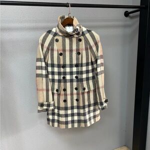 Authentic Burberry Beige Plaid Double-Breasted Pea Coat